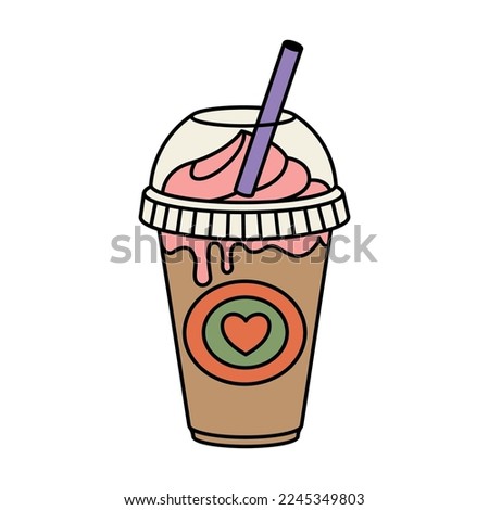  A cup of Valentine's coffee. Cold drink with a straw. Sweet Cream dessert. Trendy Valentine's Day illustration in doodle style. Vector on isolated background.