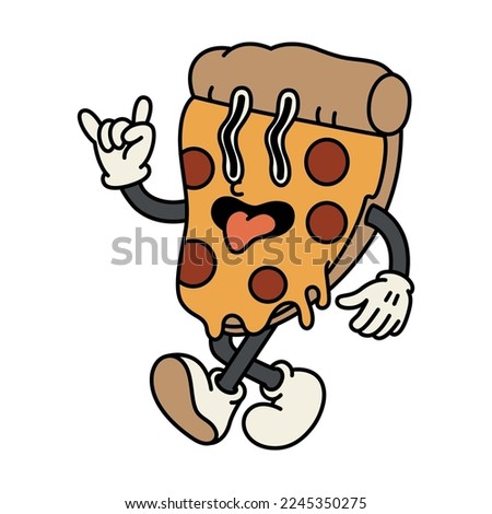A funny slice of pizza walking. Happy and cheerful emotions. Old animation 60s 70s, smiled mascot character. Trendy illustration in retro style. Vector on isolated background.