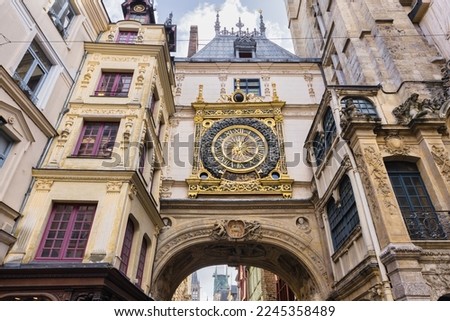 the famous Gros Horloge, an astronomical clock from 14th century in Rouen, France Royalty-Free Stock Photo #2245358489