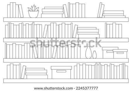 Coloring page of bookshelves with books, boxes and vases on white background Royalty-Free Stock Photo #2245377777