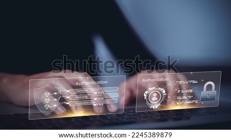 User hand typing name and password to login to access system with user-level access management. Concept of managing personal access level in organization and managing content access by member level. Royalty-Free Stock Photo #2245389879
