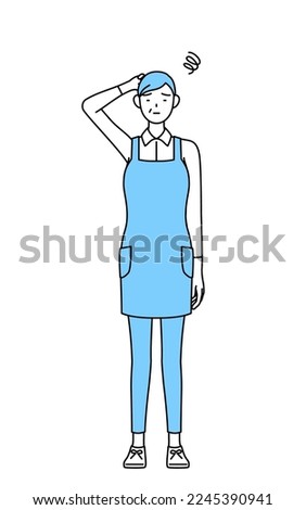 A senior woman in an apron scratching his head in distress.