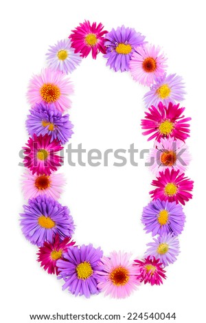 Number 0, multicolored aster flowers alphabet isolated on white background