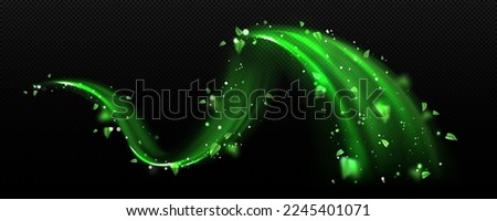 Freshness effect, green air, wind flow with flying green leaves. Glow wave, wand trail, fresh green tea breath or detergent isolated on transparent background, Realistic 3d vector illustration Royalty-Free Stock Photo #2245401071