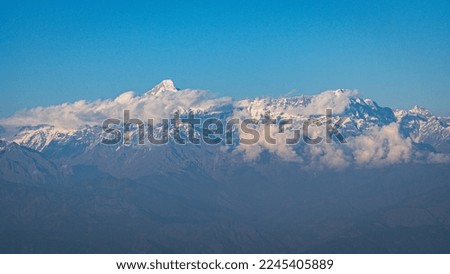 Panoramic beautiful view of mount Trisul, Nanda Devi with the beautiful sky on the way to Binsar, Kasardevi, Almora Uttarakhand 