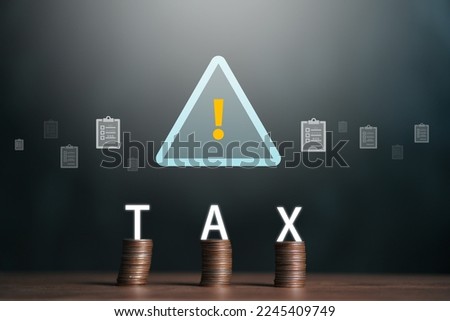 Coin with tax icon financial and calculation tax return, Individual income tax form online for tax payment. data analysis paperwork to report the government and state taxes. 