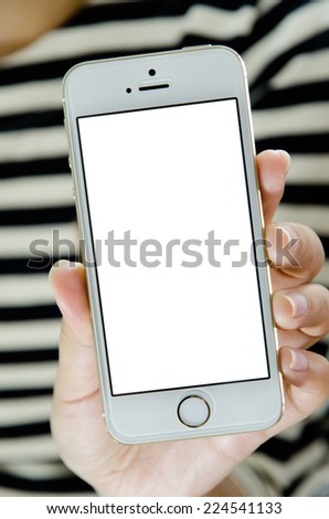 isolated woman hand holding the phone tablet touch computer gadget on white background