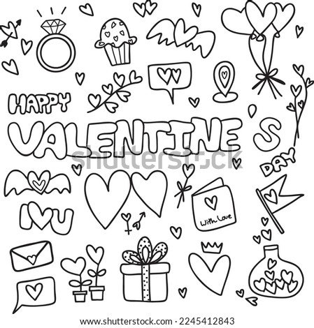 Set of cute hand drawn elements about love.Happy Valentine's Day background.
