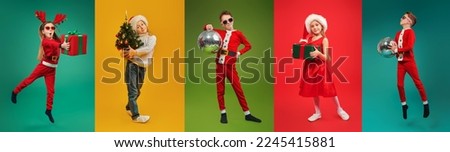 A bright collage of happy kids dressed festively and ready for New-Year celebration. Gifts, costumes. New Year and Christmas. Colorful studio backgrounds.