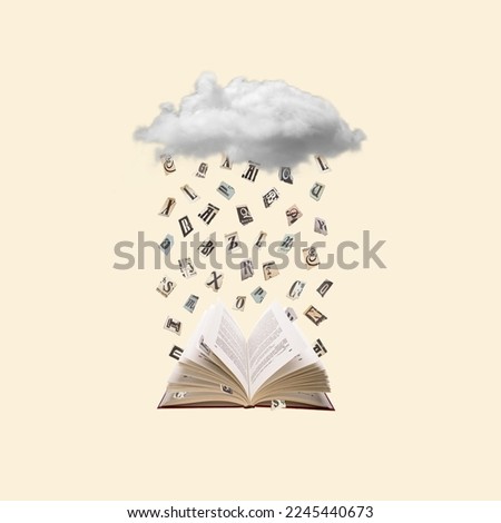 Rain of letters falling into a book. Contemporary art collage.  Education, reading, science and literature concept. Reading is a hobby. Royalty-Free Stock Photo #2245440673