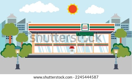 Minimart or Supermarket convenience store open 24 hours.city ​​background.vector template illustration. Royalty-Free Stock Photo #2245444587
