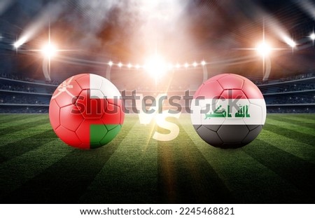 Soccer Football ball 3D with Iraq vs Oman flags match on green soccer field Royalty-Free Stock Photo #2245468821