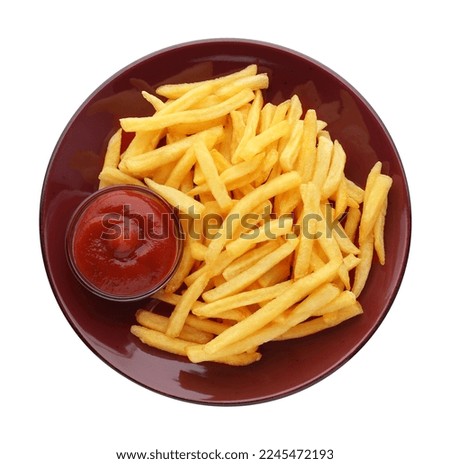Tasty french fries with ketchup isolated on white, top view Royalty-Free Stock Photo #2245472193