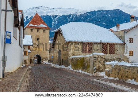 Winter landscape photo of medieval town or comune Glurns or Glorenza in South Tyrol, northern Italy