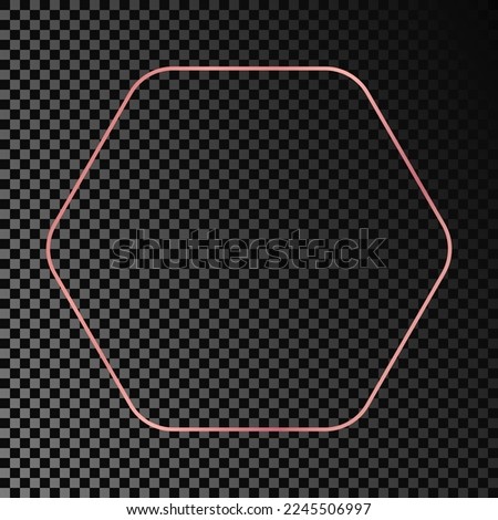 Rose gold glowing rounded hexagon frame isolated on dark transparent background. Shiny frame with glowing effects. Vector illustration