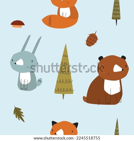 Vector Seamless background with forest animals. Cartoon bear, fox, hare. Cartoon forest animals. Simple pattern for children.Fabric, paper, wallpaper