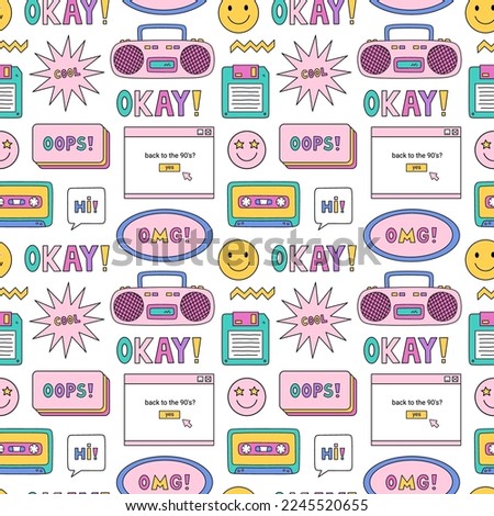 Bright seamless pattern with items from the nineties - retro cassette tape and music boombox, floppy disk, smile, speech bubbles and stars on white background. Nostalgia for the 1990s. Funny print.