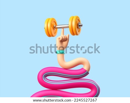 Funny cartoon flexible hand with a dumbbell, clip art isolated on blue background. Sport metaphor, revealing the concept of victory and strength. 3d render