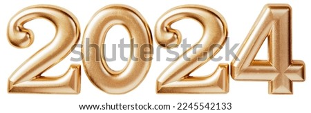 Holiday background Happy New Year 2024. Numbers of year 2024 made by gold candles isolated on white background with clipping path. celebrating New Year holiday, close-up. Space for text