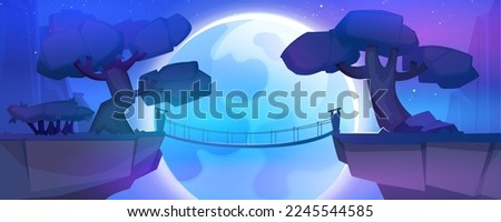 Fantastic landscape with mountains and suspension wooden bridge over precipice between cliffs in jungle. Cartoon fantasy background with rocks, stars, trees and big moon in dark sky at night. Royalty-Free Stock Photo #2245544585