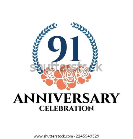 91st  anniversary logo with rose and laurel wreath, vector template for birthday celebration.