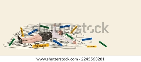 Contemporary art collage. Creative design. Deadlines. Woman, employee lying on floor around deadline words. Challenge, overworking. Concept of career, business, motivation. Banner. Copy space for ad