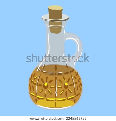 Pot-bellied bottle with yellow vegetable oil. Bottle with patterns, narrow neck and handle in vector.