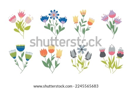 Set of blossom folk flowers, isolated on white background. Floral set of flower bouquets, spring decorative elements for design and decor. Springtime vector hand drawn flowers  compositions.