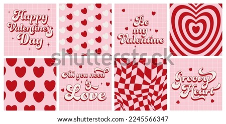 Set groovy lovely cards, posters, backrounds, paterns. Trendy love slogan.  Love concept. Happy Valentine`s day. Trendy retro 60s 70s cartoon style. Pink, red, white colors. Royalty-Free Stock Photo #2245566347