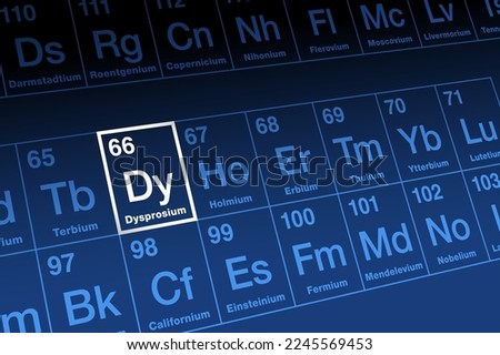 Dysprosium on periodic table. Metallic, rare earth element, in the lanthanide series, with atomic number 66, and element symbol Dy. Single most critical element for emerging clean energy technologies. Royalty-Free Stock Photo #2245569453