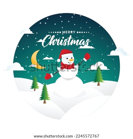 Christmas winter landscape with snowman and Xmas tree. Christmas festive poster design