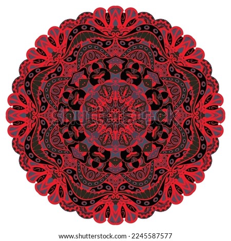 Mandala. Tracery wheel image. Mehndi design. Dark toxic colors. Ethnic doodle art. Curved doodling picture. Vector