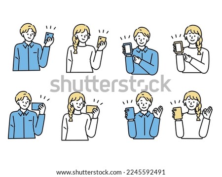 Illustrations of men and women holding smartphones.Smartphones, SNS, social networks, cashless networks.