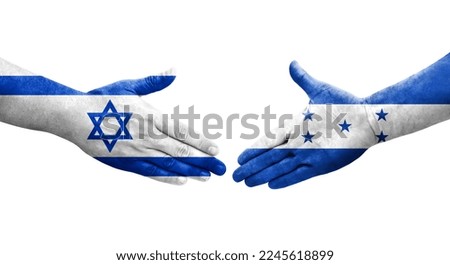 Handshake between Honduras and Israel flags painted on hands, isolated transparent image.