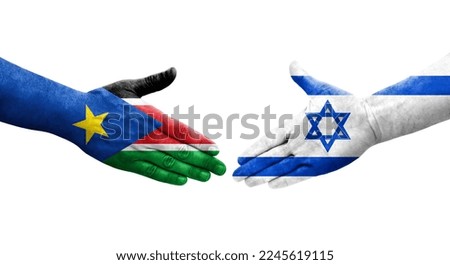 Handshake between Israel and South Sudan flags painted on hands, isolated transparent image.