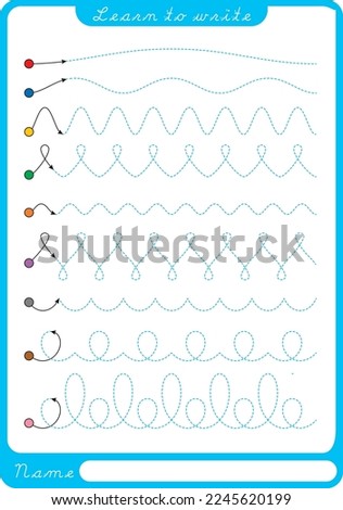 Preschool worksheet for practicing fine motor skills - tracing dashed lines. Tracing Worksheet.  Illustration and vector outline - A4 paper ready to print. Royalty-Free Stock Photo #2245620199