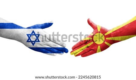 Handshake between North Macedonia and Israel flags painted on hands, isolated transparent image.