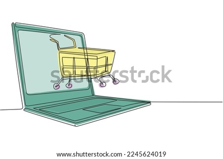 Single continuous line drawing shopping cart out of laptop. Sale, digital lifestyle, consumerism and people concept. E-commerce and digital marketing. One line draw graphic design vector illustration