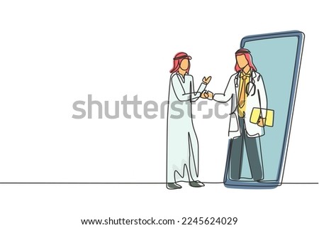 Single continuous line drawing Arab male patient shaking hands with male doctor in smartphone holding clipboard. Online medical consultation. Dynamic one line draw graphic design vector illustration