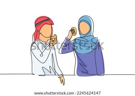 Single continuous line drawing young Arab couple having donuts meal at restaurant. Happy teenagers smiling and laughing together. Talking friendship. One line draw graphic design vector illustration