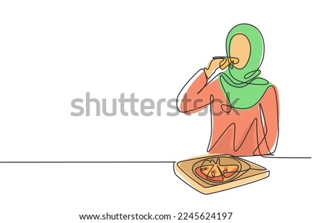 Continuous one line drawing young Arabian woman having spaghetti meal with fork. Happy and enjoy lunch at restaurant. Delicious and healthy food. Single line draw design vector graphic illustration