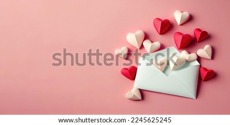 love letter envelope overflowing with paper craft hearts - flat lay on pink valentines or anniversary background with copy space Royalty-Free Stock Photo #2245625245