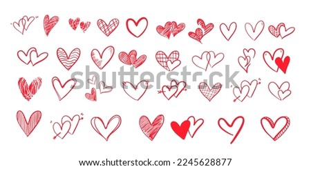 Doodle of heart for valentine's day. Sketch of red heart icon symbol graphic set. Hand drawn heart element vector