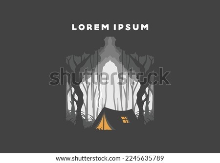 Camping tent in a dense forest flat illustration design Royalty-Free Stock Photo #2245635789