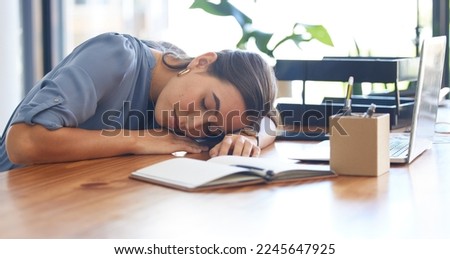 Sleep, tired and insomnia with business woman and fatigue, corporate burnout and employee sleeping on desk. Working overtime for deadline, overworked and mental health, sleepless from job stress. Royalty-Free Stock Photo #2245647925