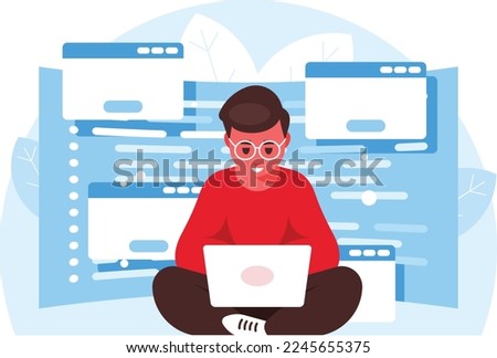 Software development concept. Programming languages. Programmer sitting in lotus pose with laptop and working. Coding experience and software development. Vector graphics