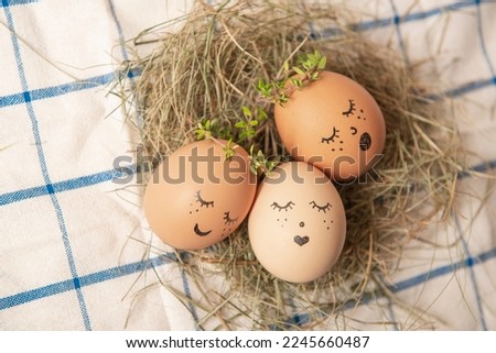 Easter egg with cute face in green plant wreath. Sleepy easter egg - Home crafts happy easter concept.
