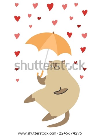 Flat vector illustration for Valentine's Day. Cute cat sits with an umbrella and closes in a rain of hearts. Disgruntled Siamese cat. 
