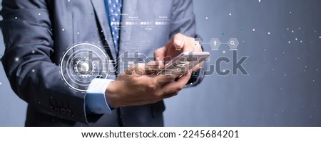 background image of a businessman holding a mobile phone with a beautiful icon in the style of AI technology data detection and search with AI systems connected to every corner of the world