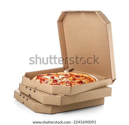 Stack of cardboard boxes with tasty pizza isolated on white background Royalty-Free Stock Photo #2245690091
